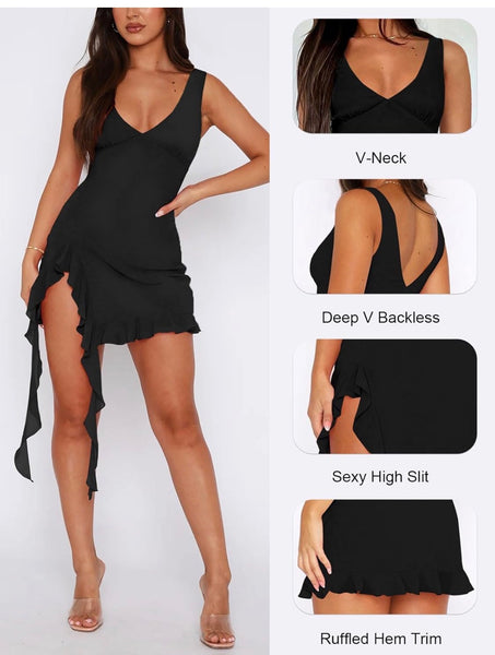 Sexy Deep V Neck Mini Dress for Women Y2K Side Slit Going Out Cocktail Wedding Party Ruffle Short Dresses