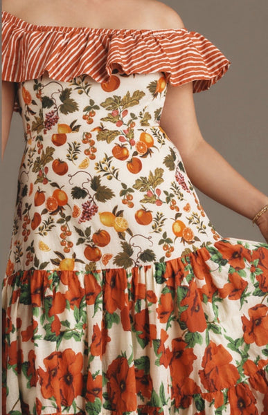 Floral Off Shoulder Long Dress Elastic Ruffled Short Sleeves Maxi Dresses Slim Fit Smocking Dress