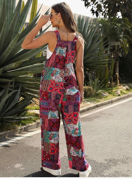 Boho Patchwork Floral Wide-Leg Jumpsuit with Pockets