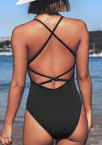 Lace-Up V-Neck One-Piece Swimsuit – Textured Rib in Black