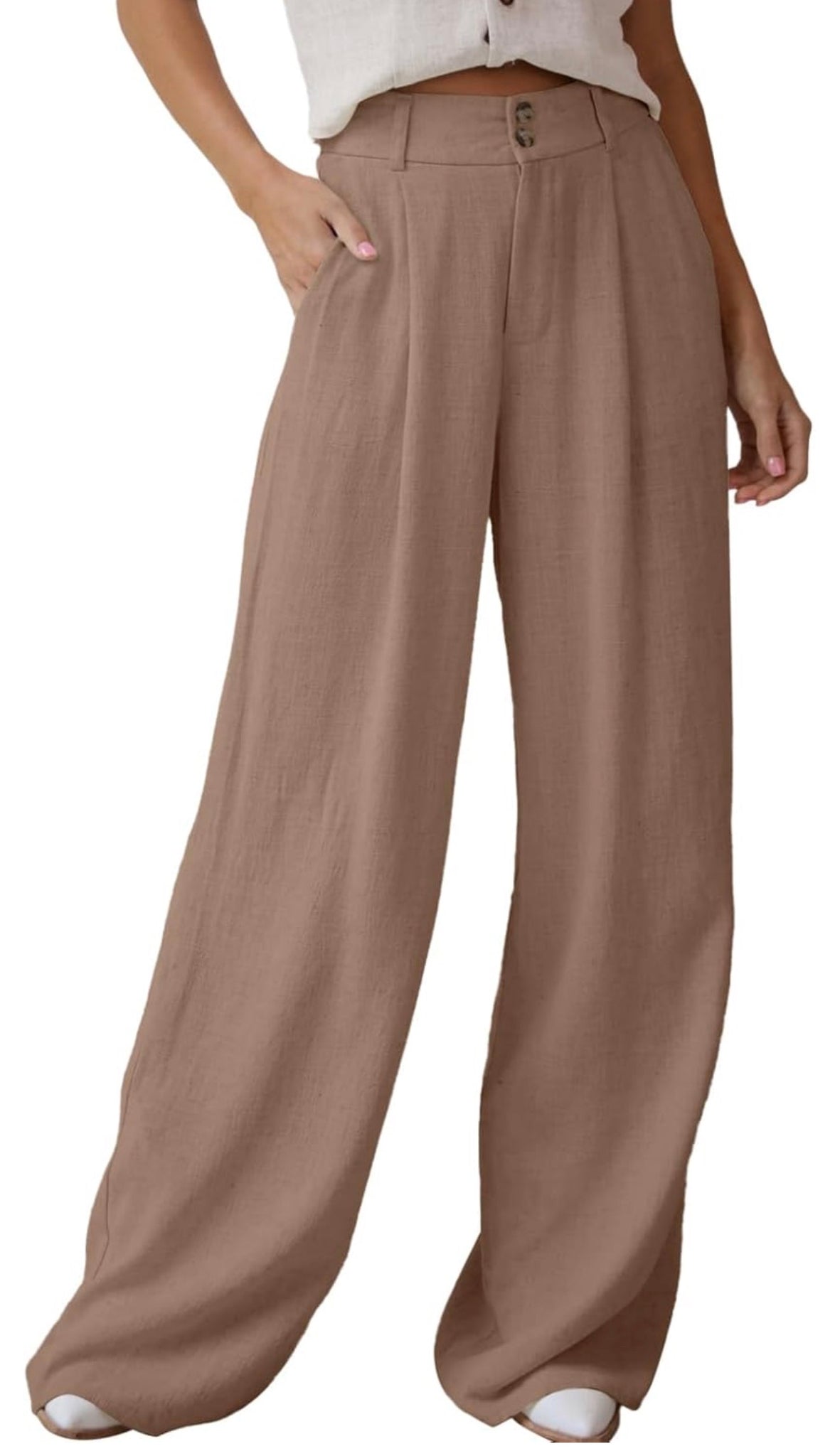 Womens Linen Pants Casual Loose Wide Leg Pants for Women Elastic Waist Palazzo Pants Trousers with Pockets
