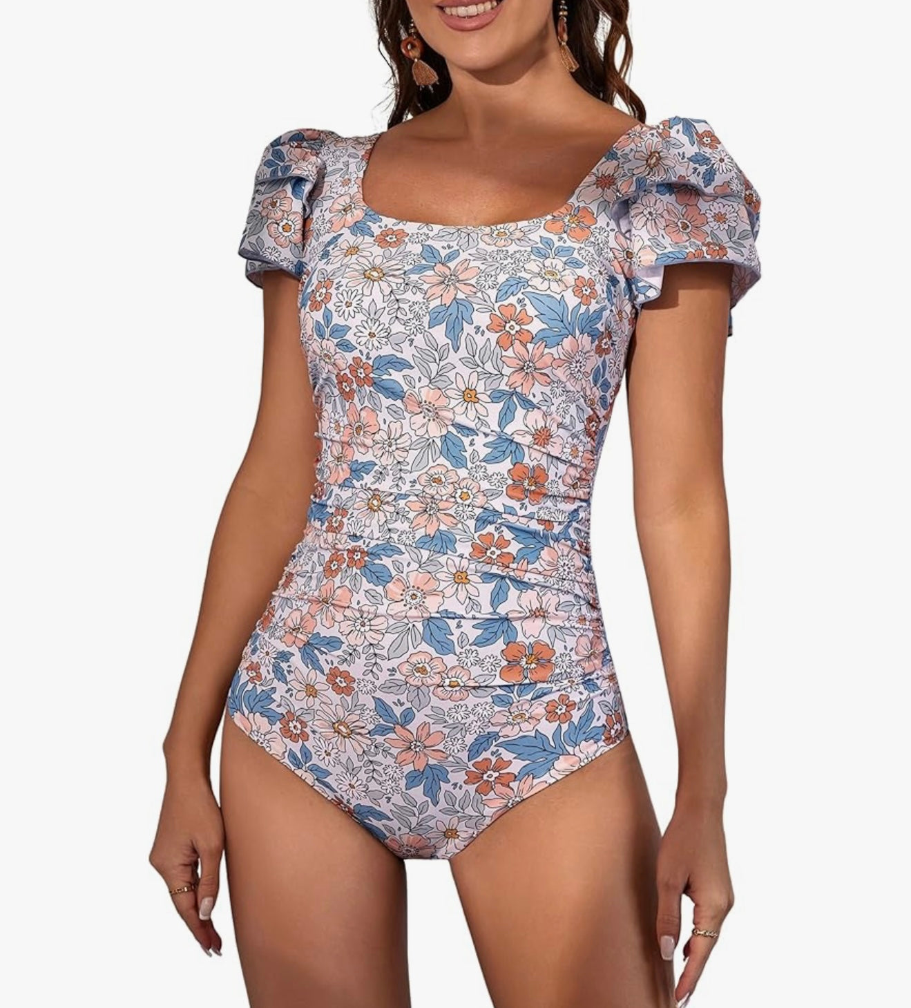 Floral Pink Tummy Control One Piece Swimsuit
Ruffle Sleeves | Square Neck | Ruched Cutout Back