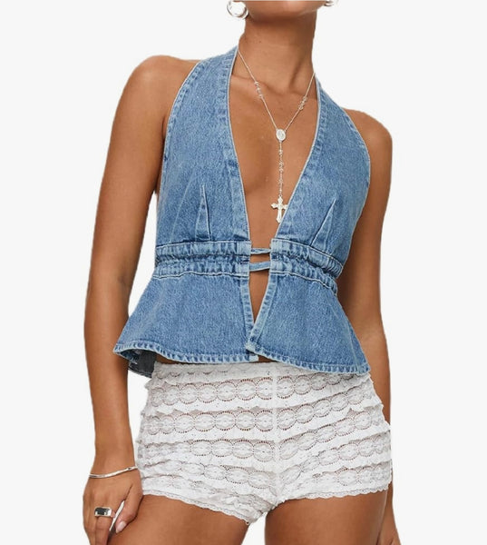 Sienna Backless Ruffle Denim Vest