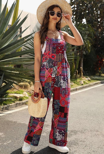 Boho Patchwork Floral Wide-Leg Jumpsuit with Pockets
