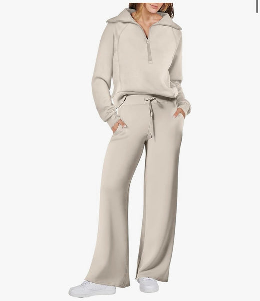 Women 2 Piece Outfits 2025 Fall Fashion Airport Wide Leg Pants Lounge Set Leisure Travel Vacation Clothes Sweatsuits