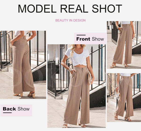 Womens Linen Pants Casual Loose Wide Leg Pants for Women Elastic Waist Palazzo Pants Trousers with Pockets