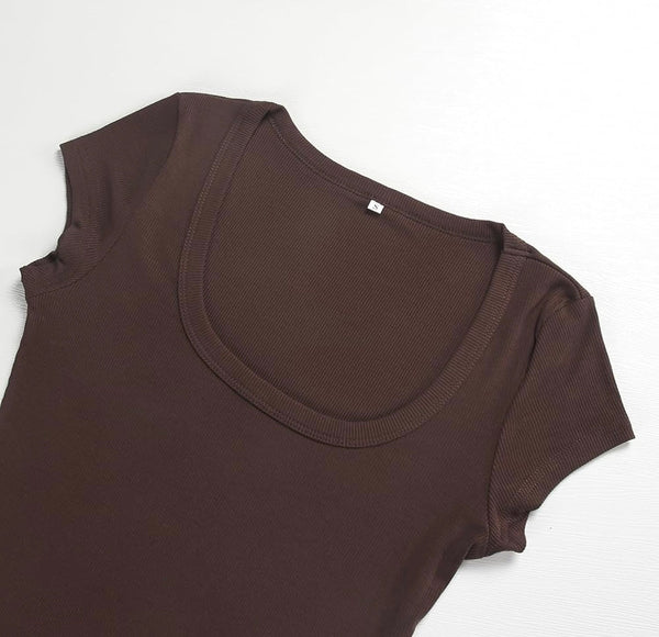 Women's Short Sleeve T-Shirts Low Scoop Neck Slim Fitted Ribbed Knit Casual Longer Crop Top