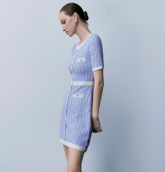 URBAN REVIVO Women's Sweater Dress Knit Tweed Dress Short Sleeve Pearl Button Mini Dresses Trendy for Fall