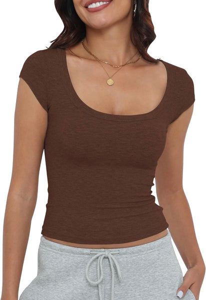 Women's Short Sleeve T-Shirts Low Scoop Neck Slim Fitted Ribbed Knit Casual Longer Crop Top