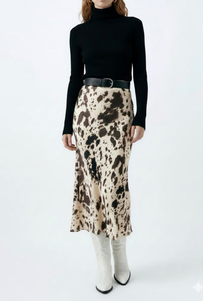 Cow Print Brown Maxi Skirt