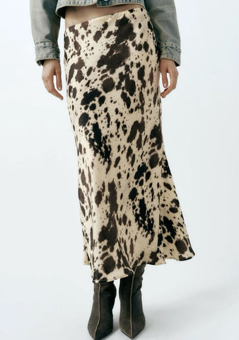 Cow Print Brown Maxi Skirt
