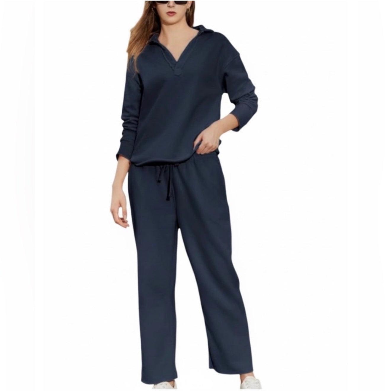 2 Pieces Tracksuit Set Collared V Neck Tops and Wide Leg Pants Airport Travel Outfit Matching Lounge Set