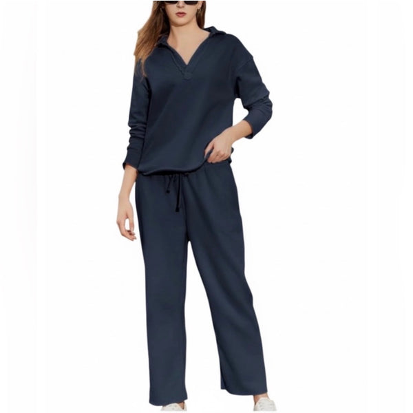 2 Pieces Tracksuit Set Collared V Neck Tops and Wide Leg Pants Airport Travel Outfit Matching Lounge Set