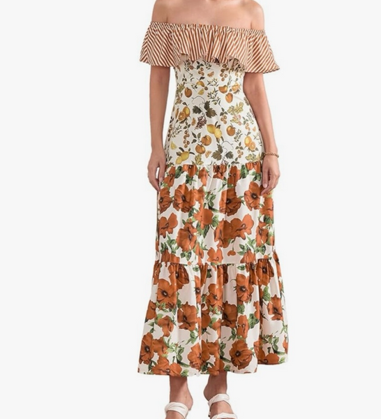 Floral Off Shoulder Long Dress Elastic Ruffled Short Sleeves Maxi Dresses Slim Fit Smocking Dress