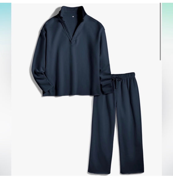 2 Pieces Tracksuit Set Collared V Neck Tops and Wide Leg Pants Airport Travel Outfit Matching Lounge Set