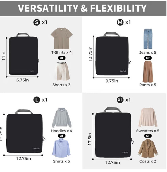 BAGAIL 4 Set/6 Set/8 Set Compression Packing Cubes Travel Accessories Expandable Packing Organizers (Cloth Pattern, 4-
Black)