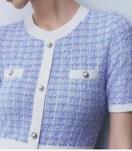 URBAN REVIVO Women's Sweater Dress Knit Tweed Dress Short Sleeve Pearl Button Mini Dresses Trendy for Fall