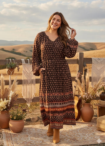Long-Sleeve Waist-Defined Tiered Poet Midi Dress