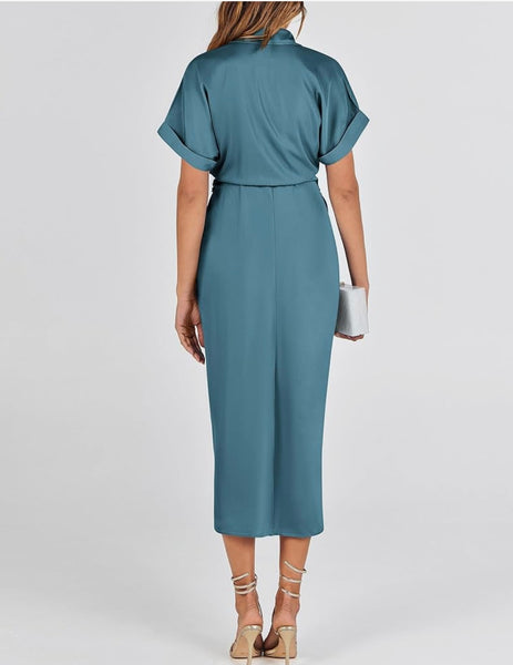 Satin Button-Down Ruched Maxi Shirt Dress