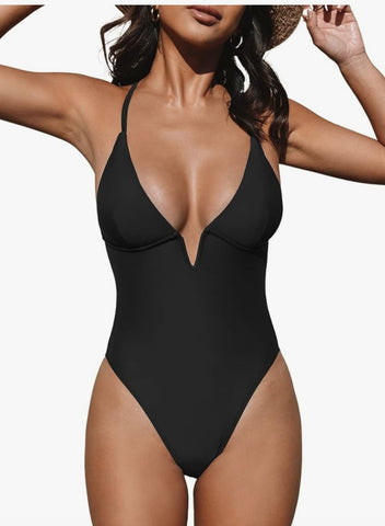 Black One Piece Swimsuit – Deep V Neck with Crisscross Back & Adjustable Straps -swimwear