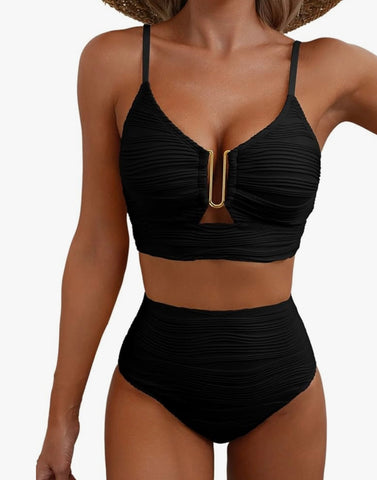 Valentina Black Textured Bikini Set-swimwear
