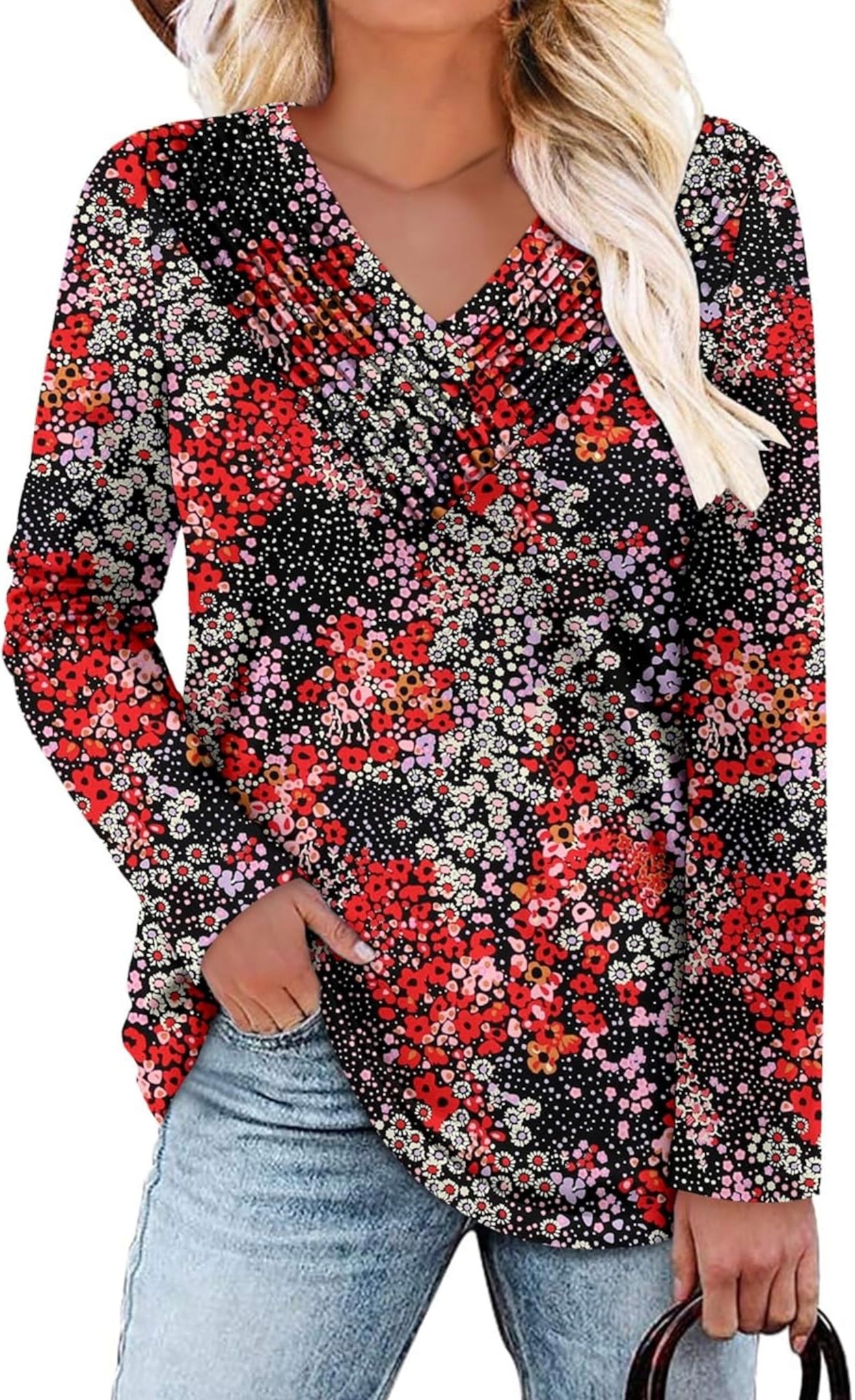 Women's Long Sleeve V-Neck Tunic Top – Casual Fitted Blouse