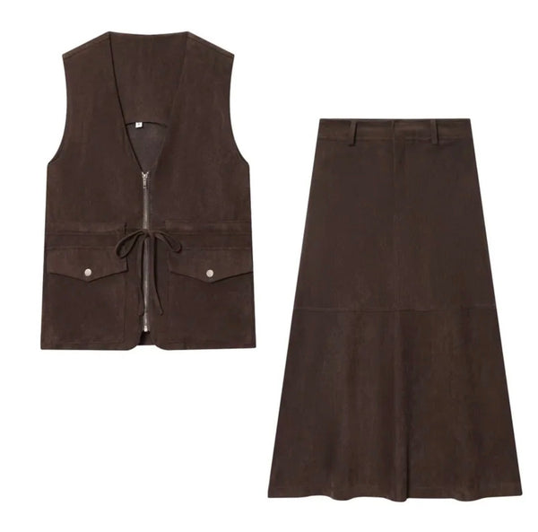 Matching Set 2 pieces Suede Vest and Skirt