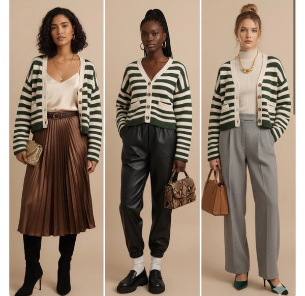 Green and Cream Striped Women's Sweater