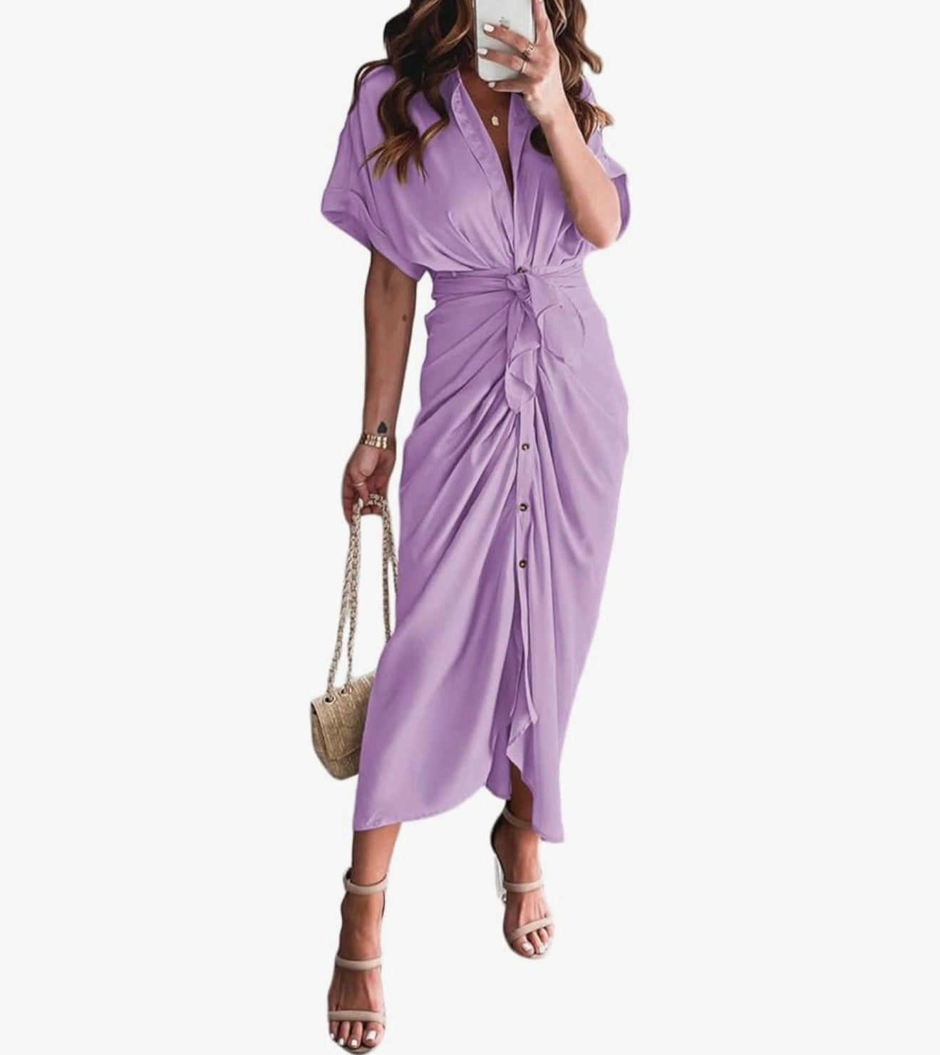 Satin Button-Down Ruched Maxi Shirt Dress
