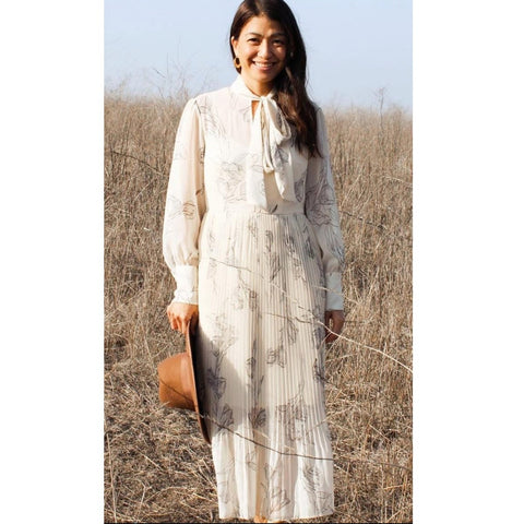 A New Day Women’s Floral Print Long Sleeve High Neck Pleated Midi Dress – Cream