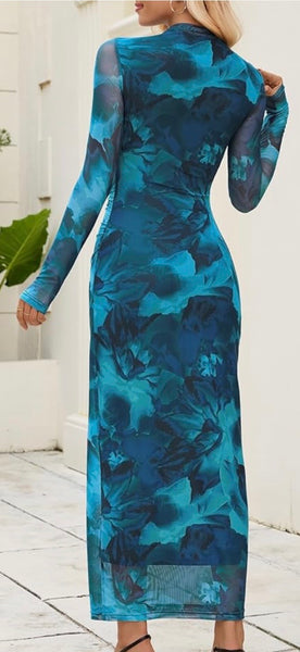 Women’s Elegant Tie-Dye Ruched Mesh Maxi Dress – Long Sleeve Mock Neck Bodycon