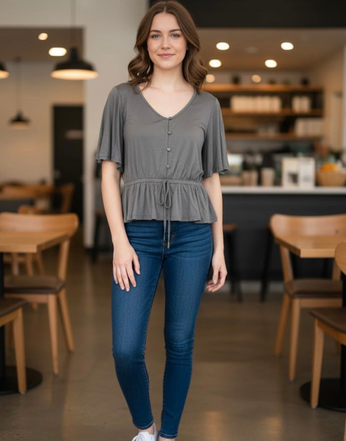 Good Luck Gem Gray V-Neck Button Top