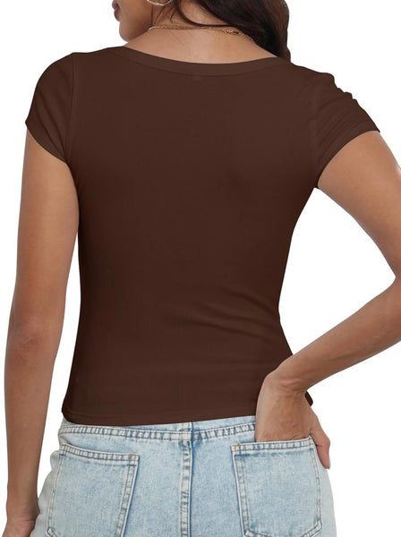 Women's Short Sleeve T-Shirts Low Scoop Neck Slim Fitted Ribbed Knit Casual Longer Crop Top