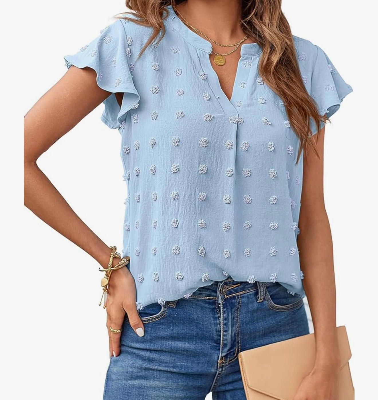 Blue V-Neck Ruffle Sleeve Blouse