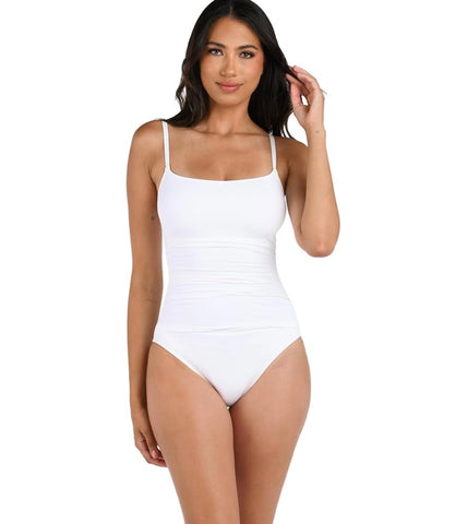 Island Goddess One-Piece Swimsuit – White Shirred Side Bathing Suit