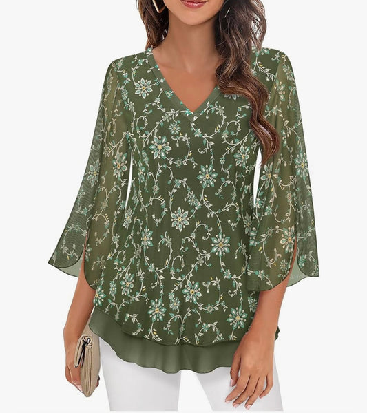 Elegant Floral Mesh High-Low Top with 3/4 Sleeves