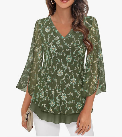 Elegant Floral Mesh High-Low Top with 3/4 Sleeves