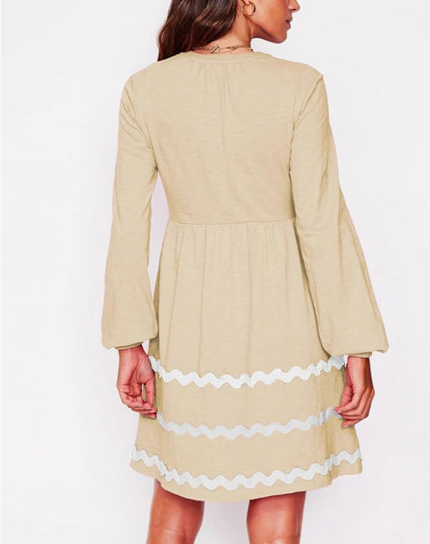 Wavy Trim Cotton Blend V-Neck Dress