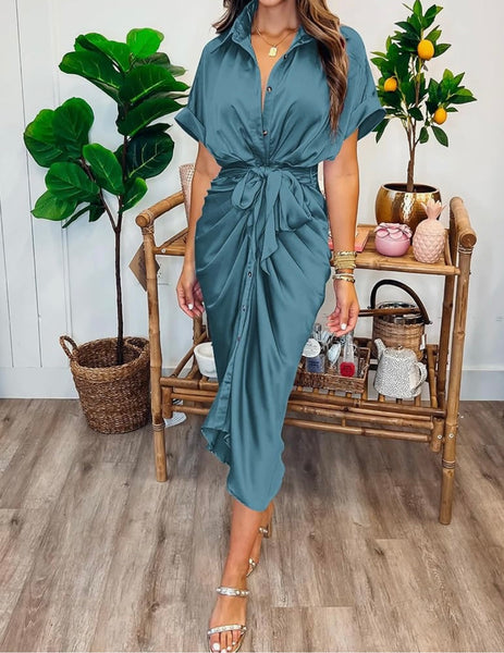 Satin Button-Down Ruched Maxi Shirt Dress