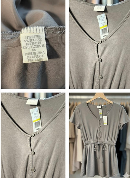 Good Luck Gem Gray V-Neck Button Top