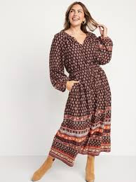 Long-Sleeve Waist-Defined Tiered Poet Midi Dress