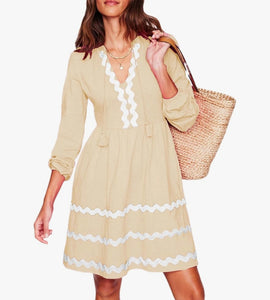Wavy Trim Cotton Blend V-Neck Dress