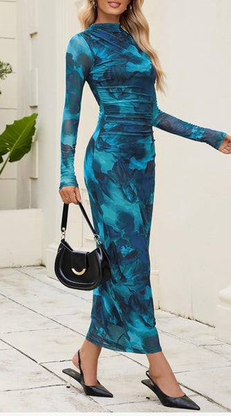 Women’s Elegant Tie-Dye Ruched Mesh Maxi Dress – Long Sleeve Mock Neck Bodycon