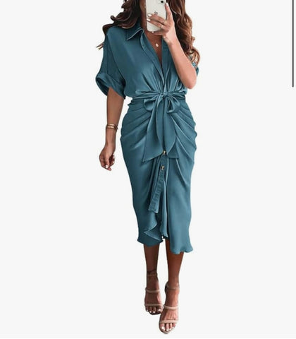 Satin Button-Down Ruched Maxi Shirt Dress