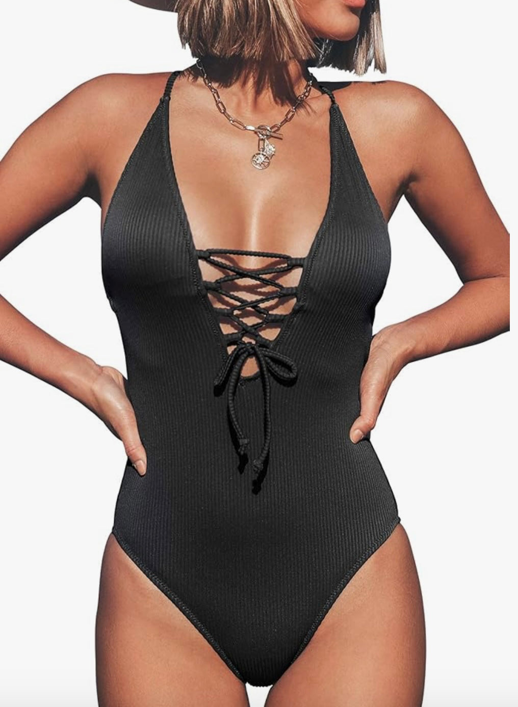 Lace-Up V-Neck One-Piece Swimsuit – Textured Rib in Black