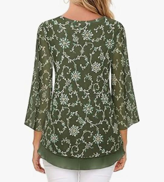 Elegant Floral Mesh High-Low Top with 3/4 Sleeves