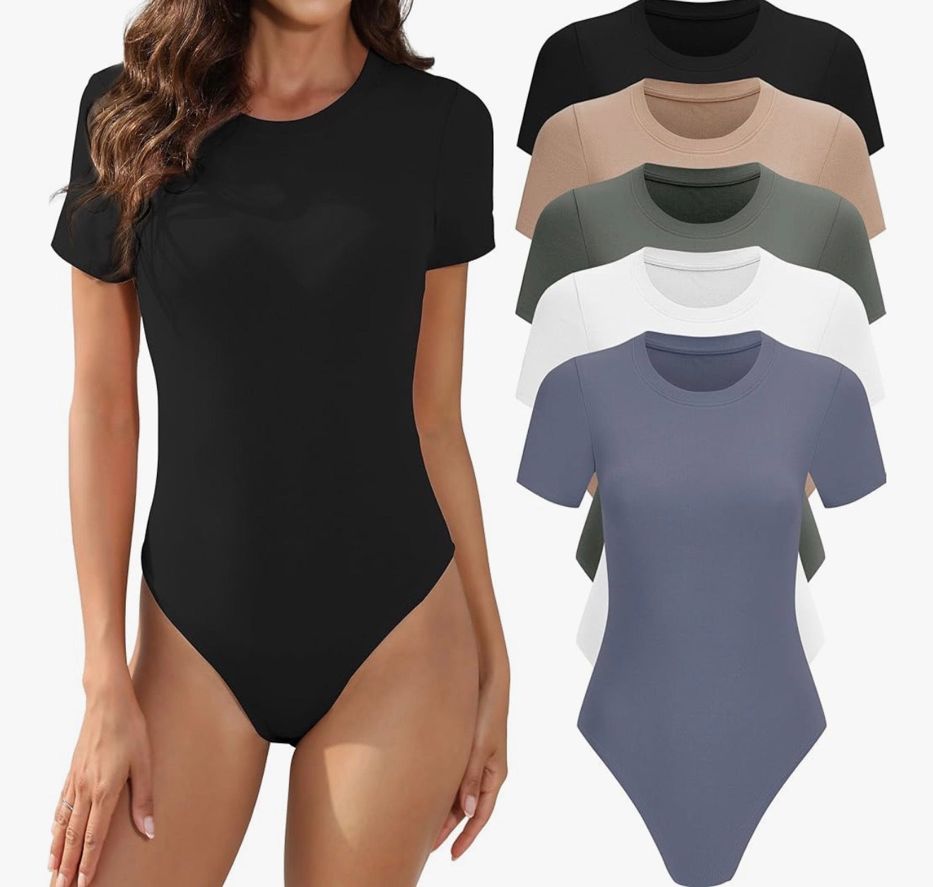 5 Pack Body Suits for Womens Short Sleeve Round Neck Casual Stretchy Basic T Shirt Bodysuit Tops