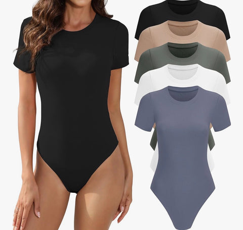 5 Pack Body Suits for Womens Short Sleeve Round Neck Casual Stretchy Basic T Shirt Bodysuit Tops