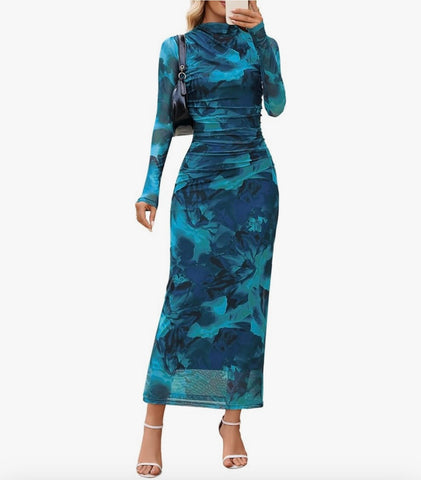 Women’s Elegant Tie-Dye Ruched Mesh Maxi Dress – Long Sleeve Mock Neck Bodycon