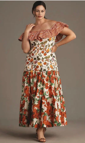 Floral Off Shoulder Long Dress Elastic Ruffled Short Sleeves Maxi Dresses Slim Fit Smocking Dress